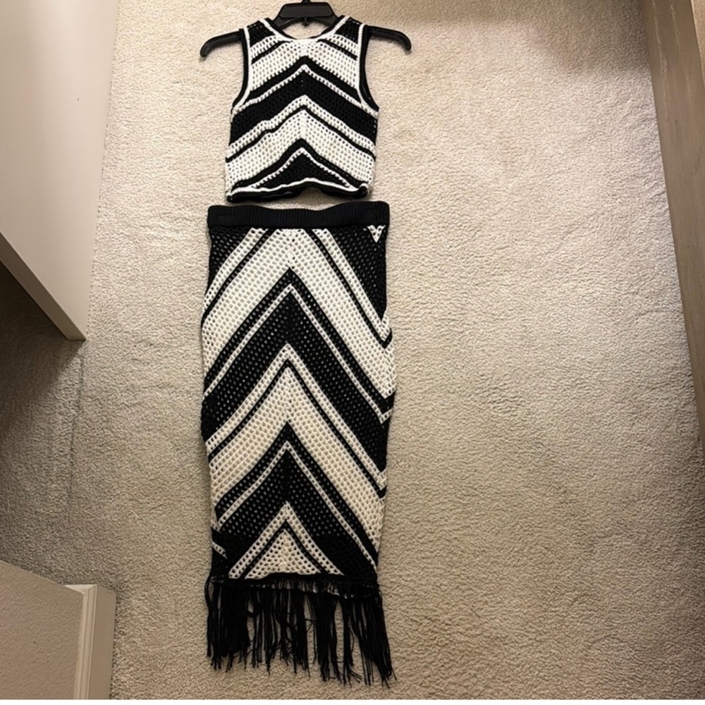 Stylish Black & White Crochet Two-Piece Set – Size Medium